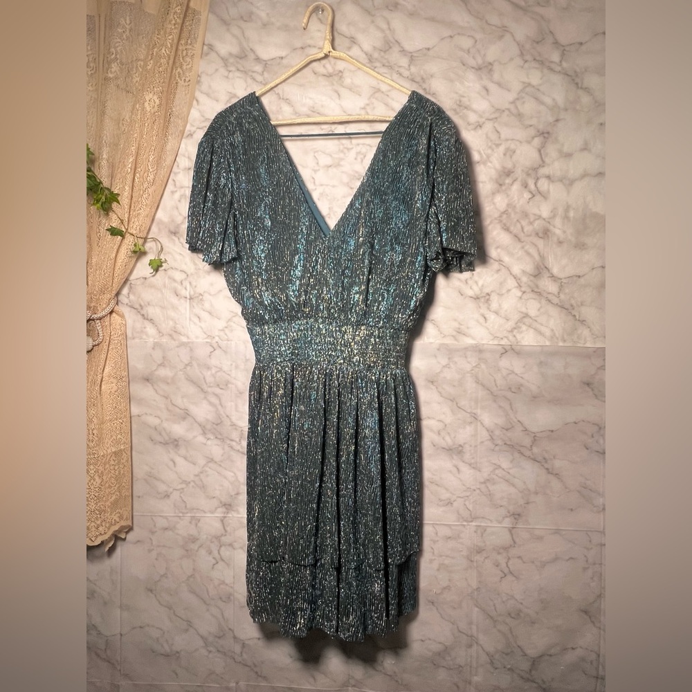 Metallic Shiny Blue Green Emerald Party Cocktail Dress M Date Night Wrap Shimmer